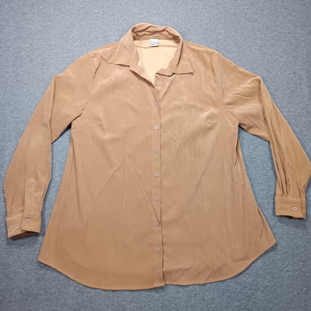 Quizz Again Shirt Womens Large Tan Button Front Long Sleeve Stretch Collared